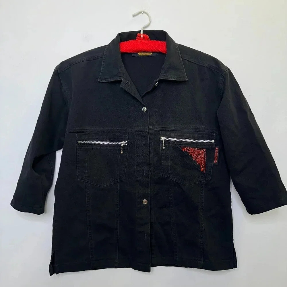 Vintage Harley Davidson Black Denim 3/4 Sleeve Shirt Paisley Zip Size M AS IS